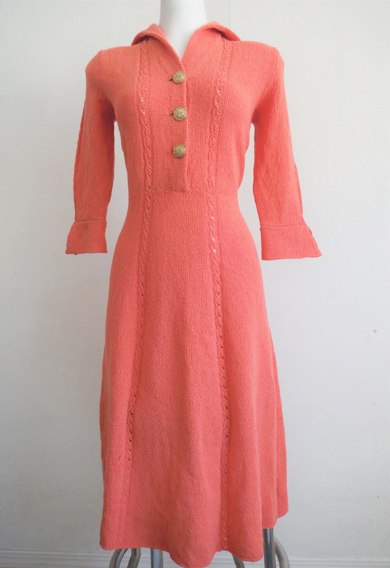 1950s Coral Pink Wool Sweater Dress