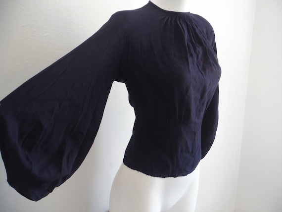 1940s Navy Blue Rayon Crepe Balloon Sleeve Blouse