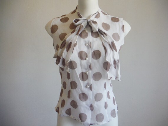 1950s Sleeveless Sheer Chocolate Polka Dot Blouse