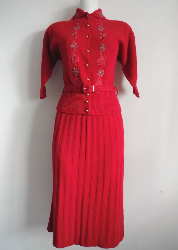 1950s New Old Stock Red Wool Chenille Sweater Skir