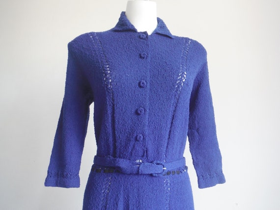1940s Blue Wool Sweater Dress and Jacket Set