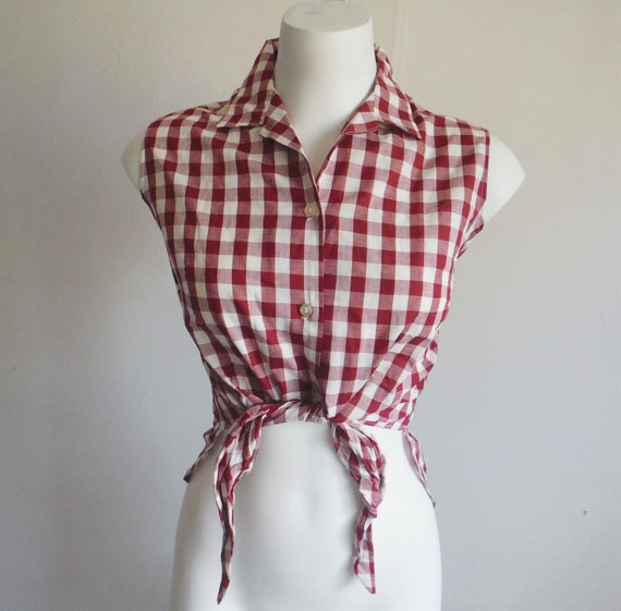 1950s Sleeveless Red Gingham Crop Tie Blouse