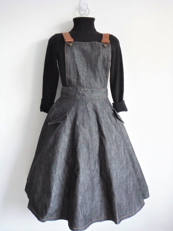 1940s Style Dark Cotton Denim Pinafore Skirt Dress
