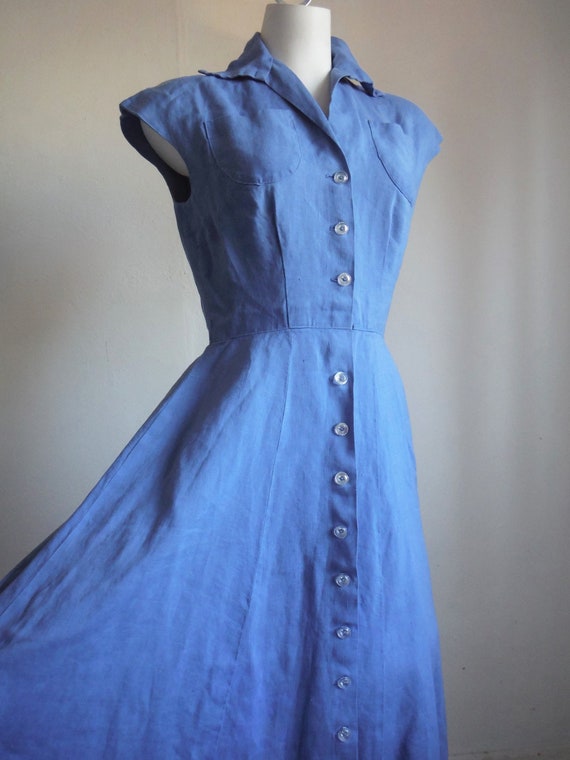 1940s Blue Linen Dress