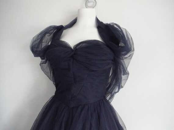 1950s Ethereal Midnight Navy Tulle Cocktail Dress