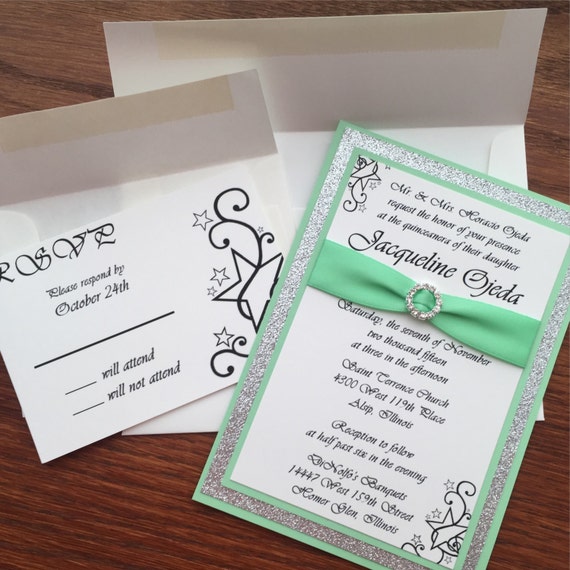 Quinceanera Party Invitations with Bow and Rhinestone Buckle, Customized Quince Invitations, Girl's Coming of Age Birthday Party Invites Il_570xn