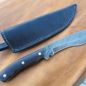 Hand-Forged Damascus Steel Knife with Custom Handmade Sheath & Micarta Handle ~ Damascus Kukri