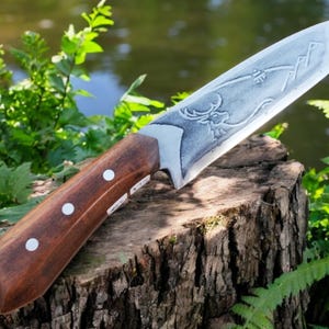 Hand-Forged 1095 Tool Steel Knife with Custom Etching & Handmade Sheath - Mountain Buck