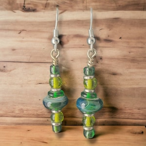 Handcrafted Blown Glass Dangle Earrings with Hypoallergenic Silver Plated Surgical Steel Ear Wires ~ Green & Silver