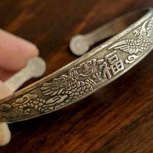 Hand-Chased Dragon & Phoenix with Fu Symbol ~ Vintage Tibetan Silver Cuff Bangle ~ Symbol of Prosperity and Balance ~ Adjustable