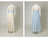 ORIGINAL VINTAGE 1950s 60s White and Ice Blue Evening Dress with Train Sequins Rhinestones / Medium / Waist 29"