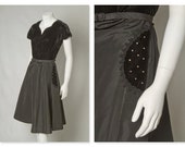 ORIGINAL VINTAGE 1940s 50s Black Velvet and Taffeta Dress With Sweatheart Neckline and Rhinestone Pockets / Small Medium / Waist up to 30"