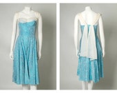 ORIGINAL VINTAGE 1950s Aqua Blue Floral Brocade Prom Dress with White Chiffon Sash / XS / Waist 24"