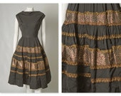 ORIGINAL VINTAGE 1950s 50s Black Mexican Style Dress with Gold and Red Trim / Large / Waist 33.5"