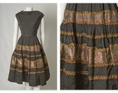 ORIGINAL VINTAGE 1950s 50s Black Mexican Style Dress with Gold and Red Trim / Large / Waist 33.5"