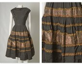 ORIGINAL VINTAGE 1950s 50s Black Mexican Style Dress with Gold and Red Trim / Large / Waist 33.5"