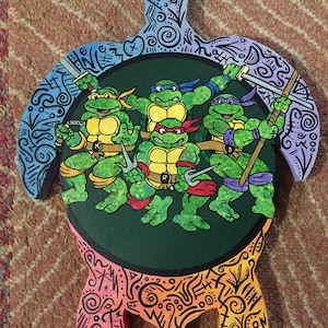 Teenage Mutant Ninja Turtles Turtle! A Wooden Turtle Painted with the Original-style Ninja Turtles!
