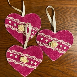 Set of 3 pretty felt heart ornaments for Valentine’s Day