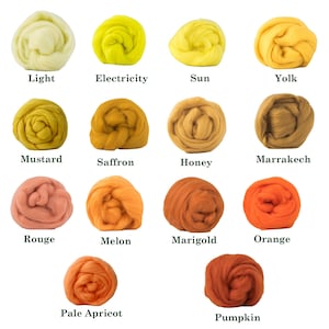 May include: A collection of colorful wool roving in various shades of yellow, orange, and brown. Each color is labeled with a name, including "Light", "Electricity", "Sun", "Yolk", "Mustard", "Saffron", "Honey", "Marrakech", "Rouge", "Melon", "Marigold", "Orange", "Pale Apricot", and "Pumpkin".
