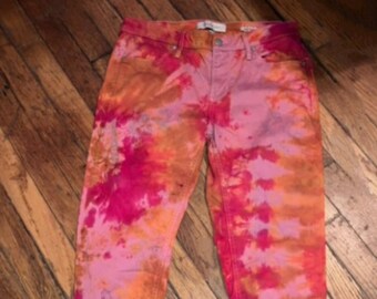 Tie Dyed Orange and Pink Upcycled Women’s Jeans Size 10