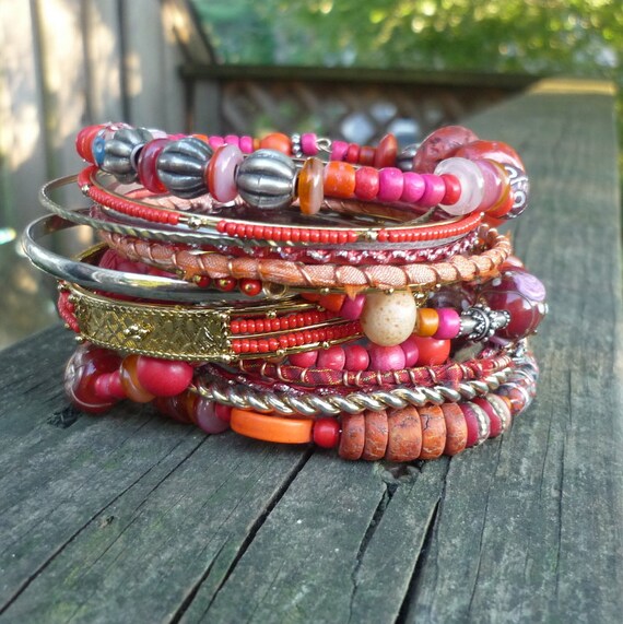 Gypsy Tribal Style Stacking Bracelet Set Pink and Orange Etsy