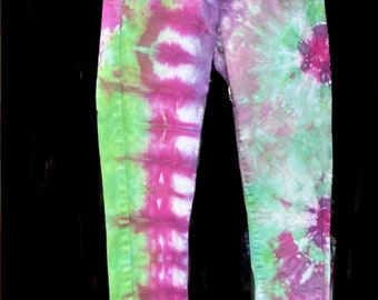 Tie Dyed Upcycled Wax Jeans  Green Fuchsia Purple Size 3