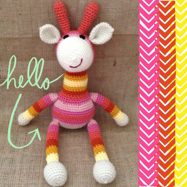 Crochet Stripey Giraffe Stuffed Animal in Pinks, Oranges, Yellows, and Ivory