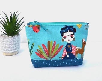 Bonito neceser con cremallera de Frida, bolsa de maquillaje, neceser de cosméticos, bolsa de aseo, organizador de bolsos