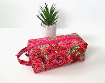 Neceser rosa con cremallera y asa, bolso cuadrado con cremallera y estampado floral, neceser para mujer.