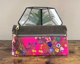 Estuche rosa con doble cremallera, neceser floral con cremallera, estuche para lápices, organizador de bolsos