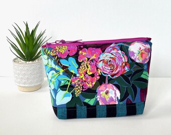 Neceser azul con estampado floral, neceser de maquillaje, bolsa de aseo, organizador de bolsos