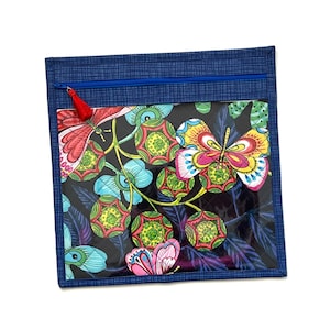 Blue Floral Vinyl Project Bag for Cross-Stitch, Embroidery Organization Bag