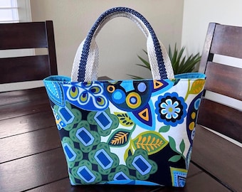 Bolsa de mano azul, bolsa de mano pequeña para libros, bolsa de transporte geométrica