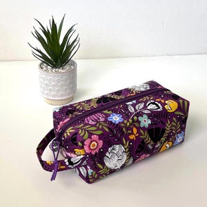 Purple Boxy Zipper Pouch with Handle, Cosmetic Box Bag, Dopp Kit, Gift for Her