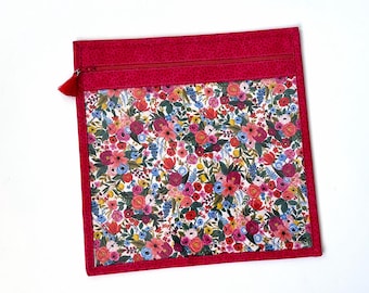 Sac à projets en vinyle rouge, sac organiseur à fleurs, pochette artisanale