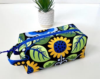 Neceser azul floral tipo caja con cremallera y asa, neceser, bolsa de cosméticos, kit de viaje