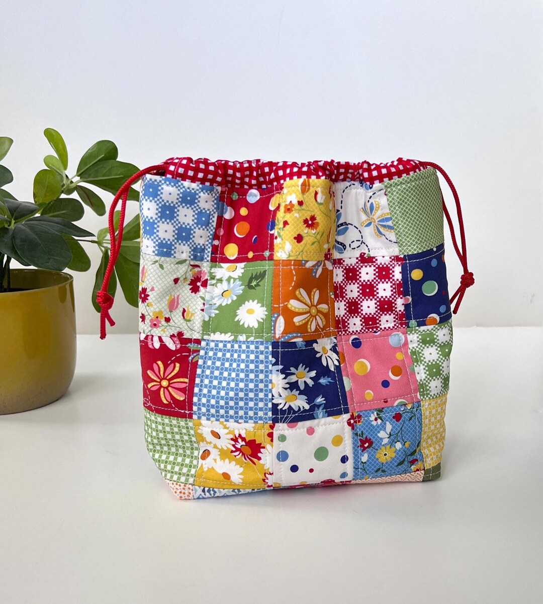 Quilted Drawstring Bag, Red Pouch, Patchwork Cinch Bag - Etsy