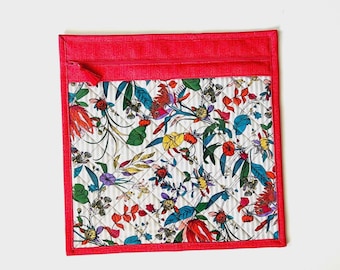 Bolsa para proyectos de punto de cruz con estampado floral rojo sandía, bolsa organizadora para bordado