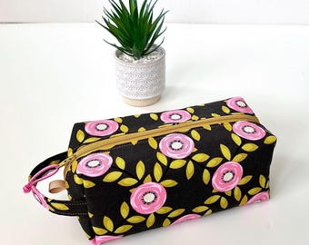 Estuche con cremallera y asa, diseño floral rosa, neceser, neceser