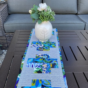 Blue Quilted Table Runner, Log Cabin Floral Table Runner