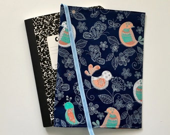 Navy Blue Fabric Journal Cover, Bird Journal Cover, Composition Notebook Cover