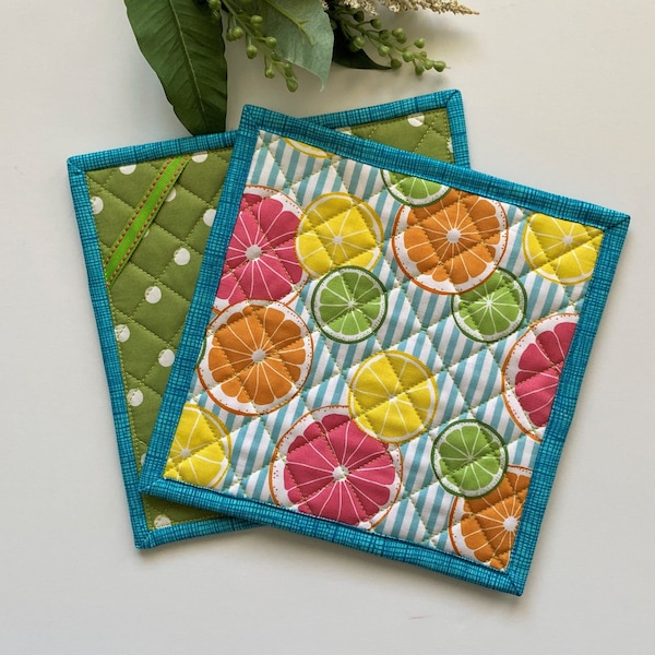 Summer Citrus Quilted Potholders, Striped Blue Pot Holders, Kitchen Decor, Hot pad