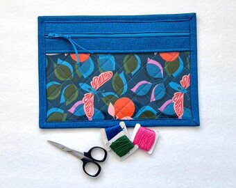 Bolsa para proyectos con diseño de mariposas y hojas, estuche de vinilo con cremallera color turquesa (7x10)