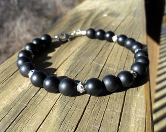 Men's Matt OnyxGemstone Bracelet with Tierra Cast Antique Silver Spacer Beads and Lobster Clasp