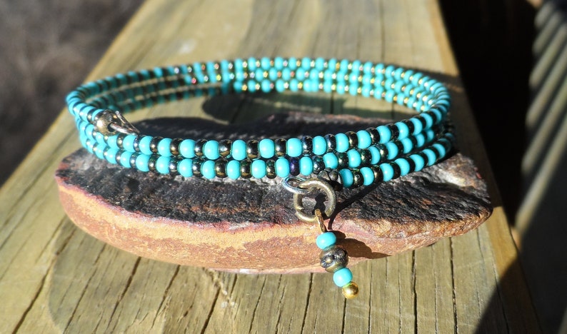 Turquoise and Brass 3 Strand Memory Wire Bracelet with Tiny Charm