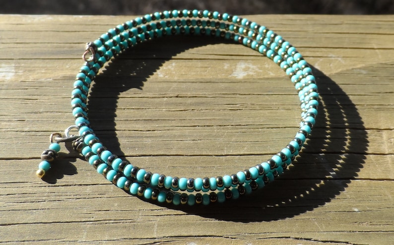 Turquoise and Brass 3 Strand Memory Wire Bracelet with Tiny Charm