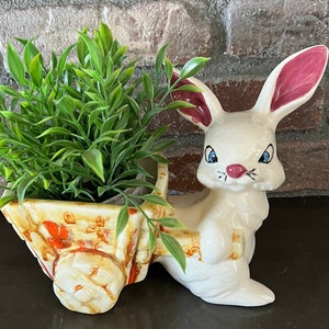 Retro Bunny with Cart Ceramic planter Vase - Vintage Ceramic Bunny Easter Decor - Retro Orange Harvest Gold 60s Vintage Modern Planter Cart