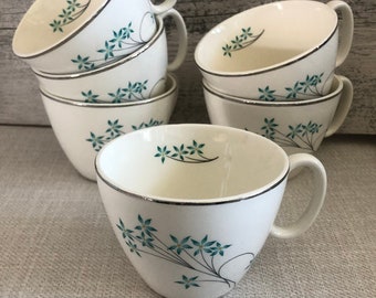 Vintage modern teacups coffee cups Blue Star Flowers - Set of 6 - Retro Modern Coffee Cups Mugs -