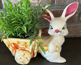 Retro Bunny with Cart Ceramic planter Vase - Vintage Ceramic Bunny Easter Decor - Retro Orange Harvest Gold 60s Vintage Modern Planter Cart