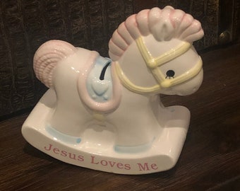 Jesus Loves Me Rocking Horse Bank - Ceramic Bank - Rocking Horse Baby Nursery Room Christening Baby Dedication Gift Piggy Bank Enesco
